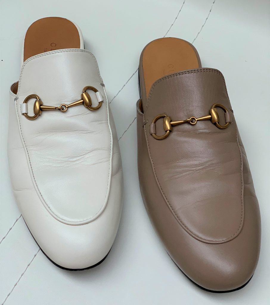 White and brown loafer comparison with creases