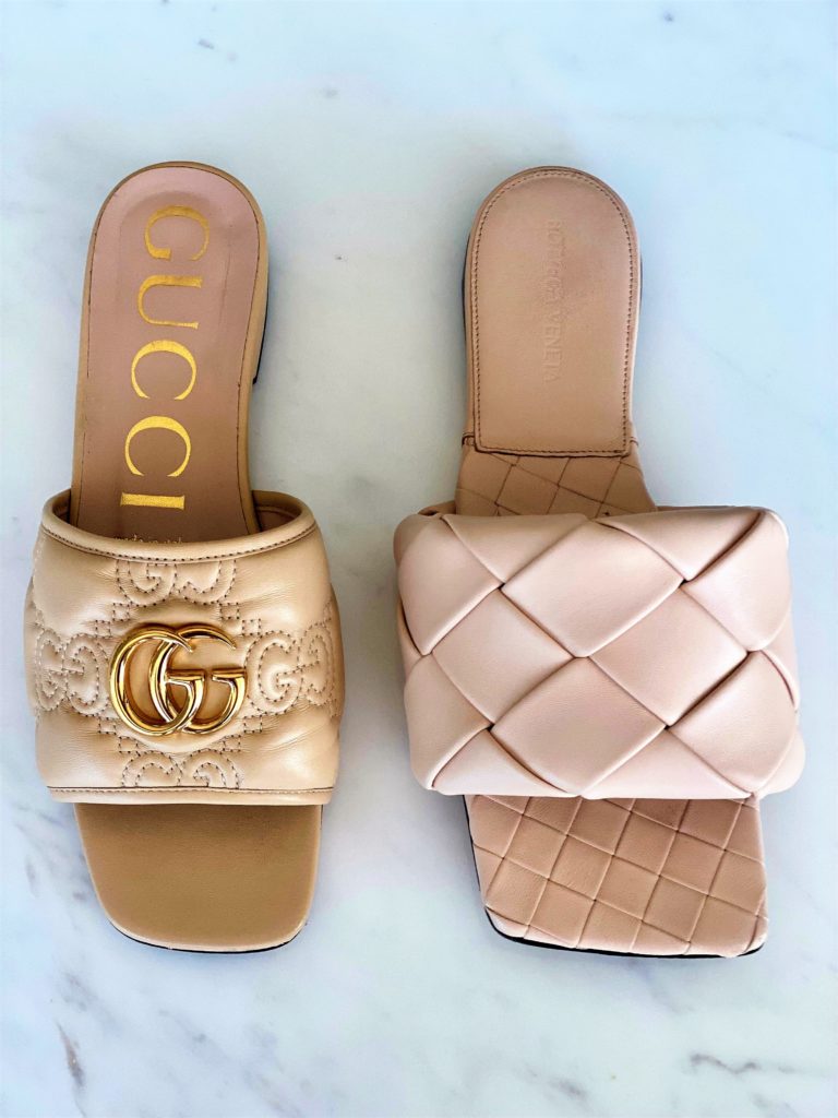 Image comparing Gucci and Bottega Veneta flat sandals