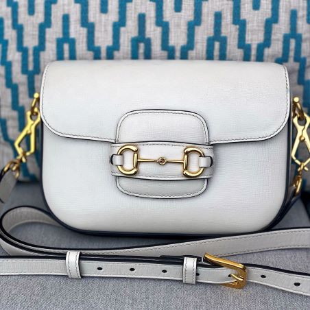 Front view of Gucci Horsebit 1955 bag in white leather